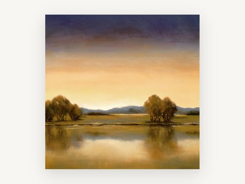 Amber Dusk Waterline, golden dusk lake landscape painting, landscape canvas wall art print, front view