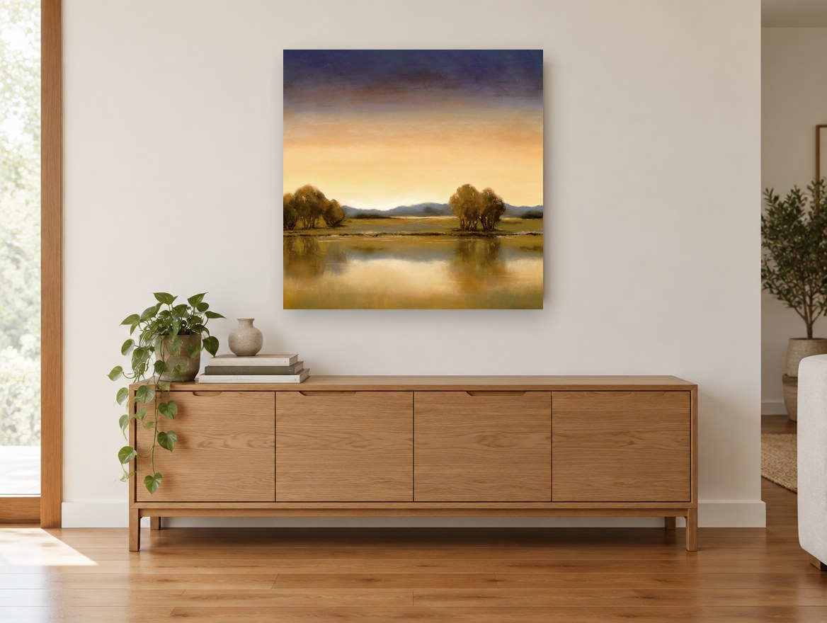 Amber Dusk Waterline landscape canvas print on the wall of a living room above a sideboard