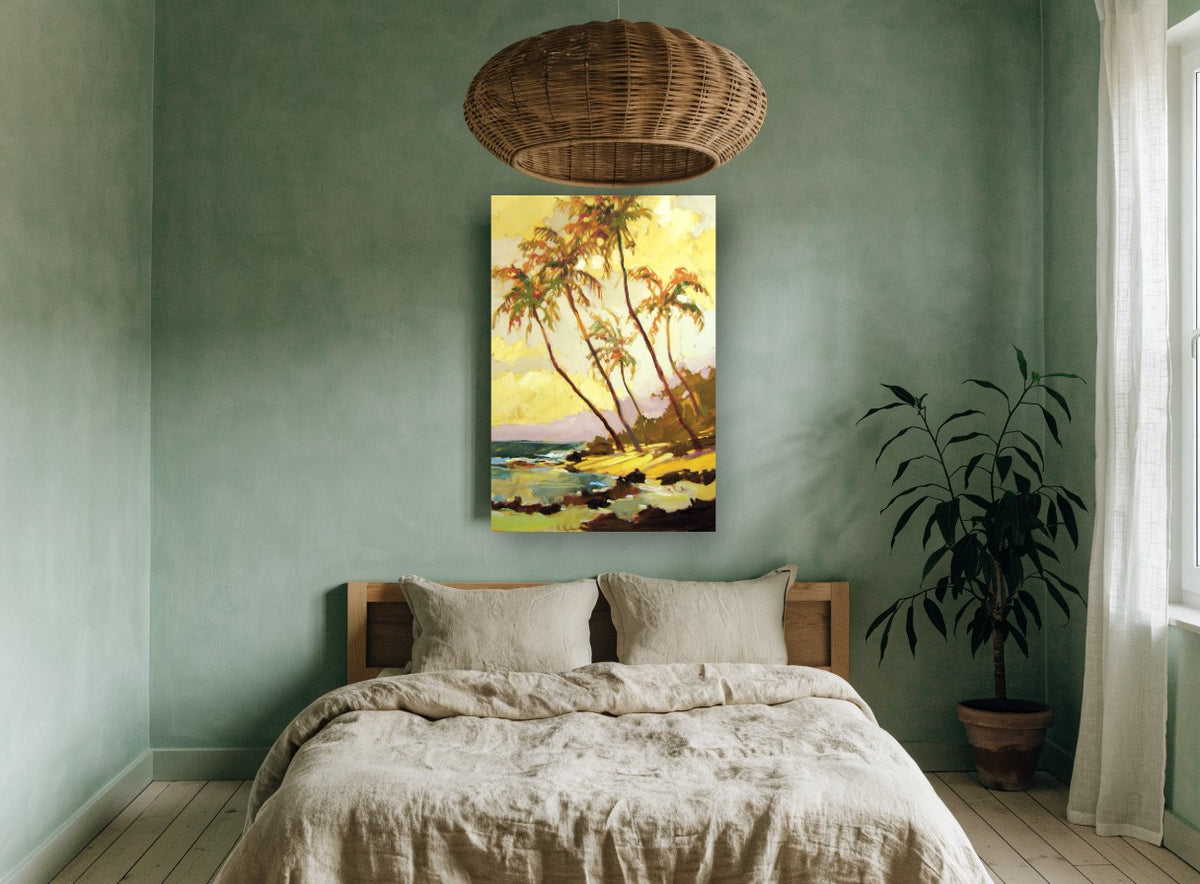 Golden Palm Shore coastal canvas print on the wall of a bedroom