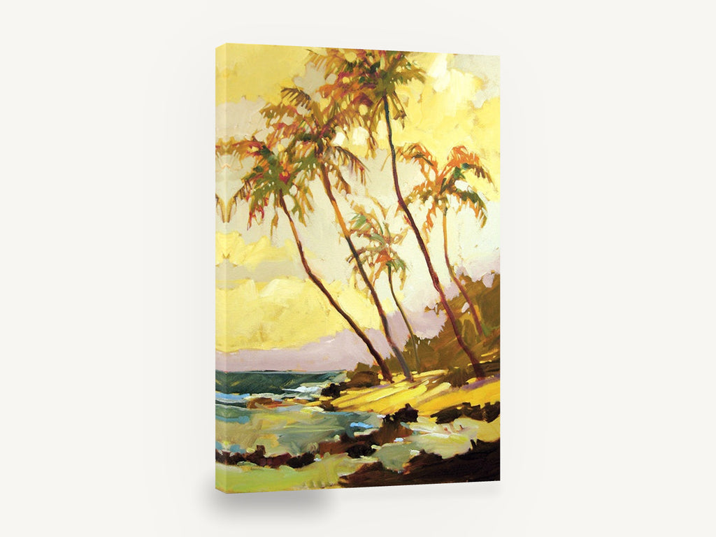 Golden Palm Shore, tropical palm beach painterly seascape, coastal canvas wall art print ready to hang