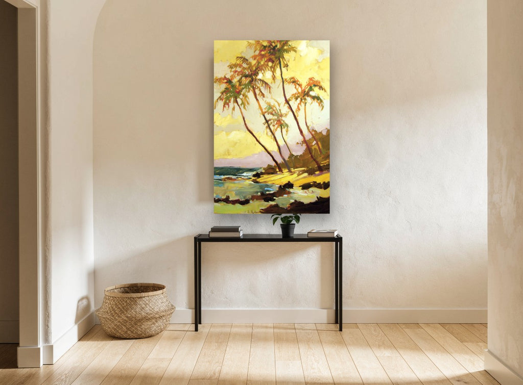 Golden Palm Shore coastal canvas print on the wall of a hallway