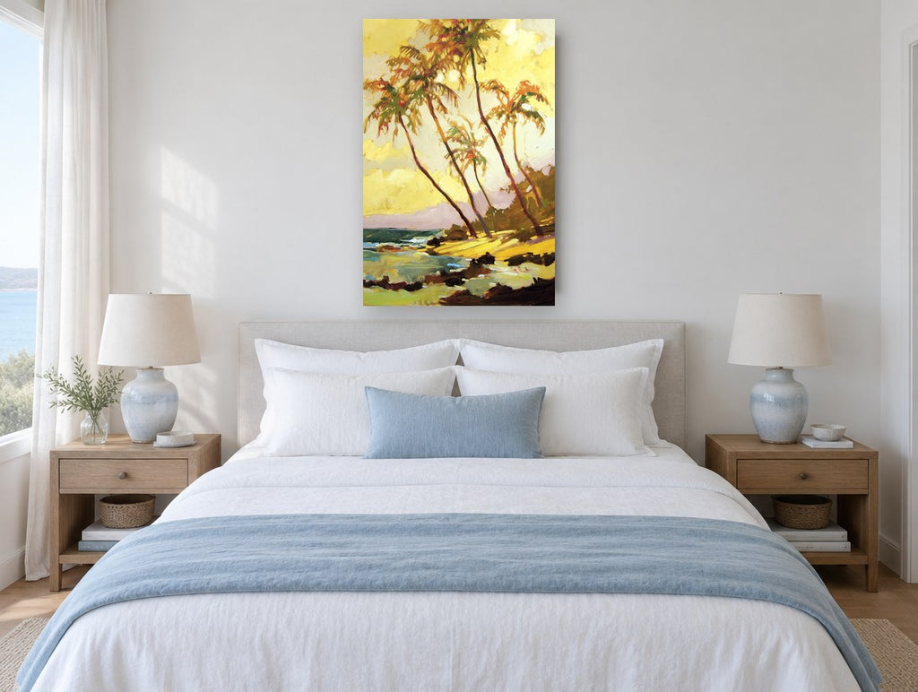 Golden Palm Shore coastal canvas print on the wall of a coastal bedroom