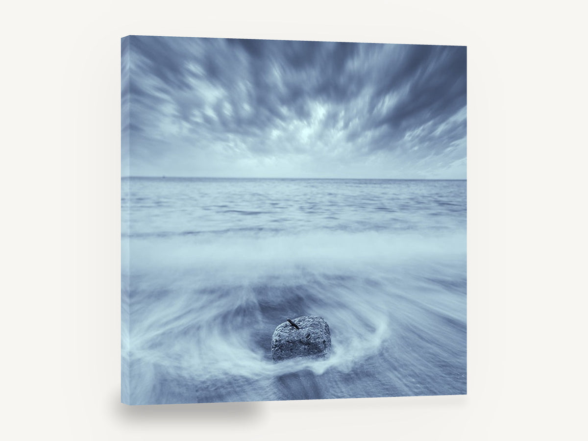 Stone in the Swirl, lone rock long exposure seascape photograph, coastal canvas wall art print ready to hang