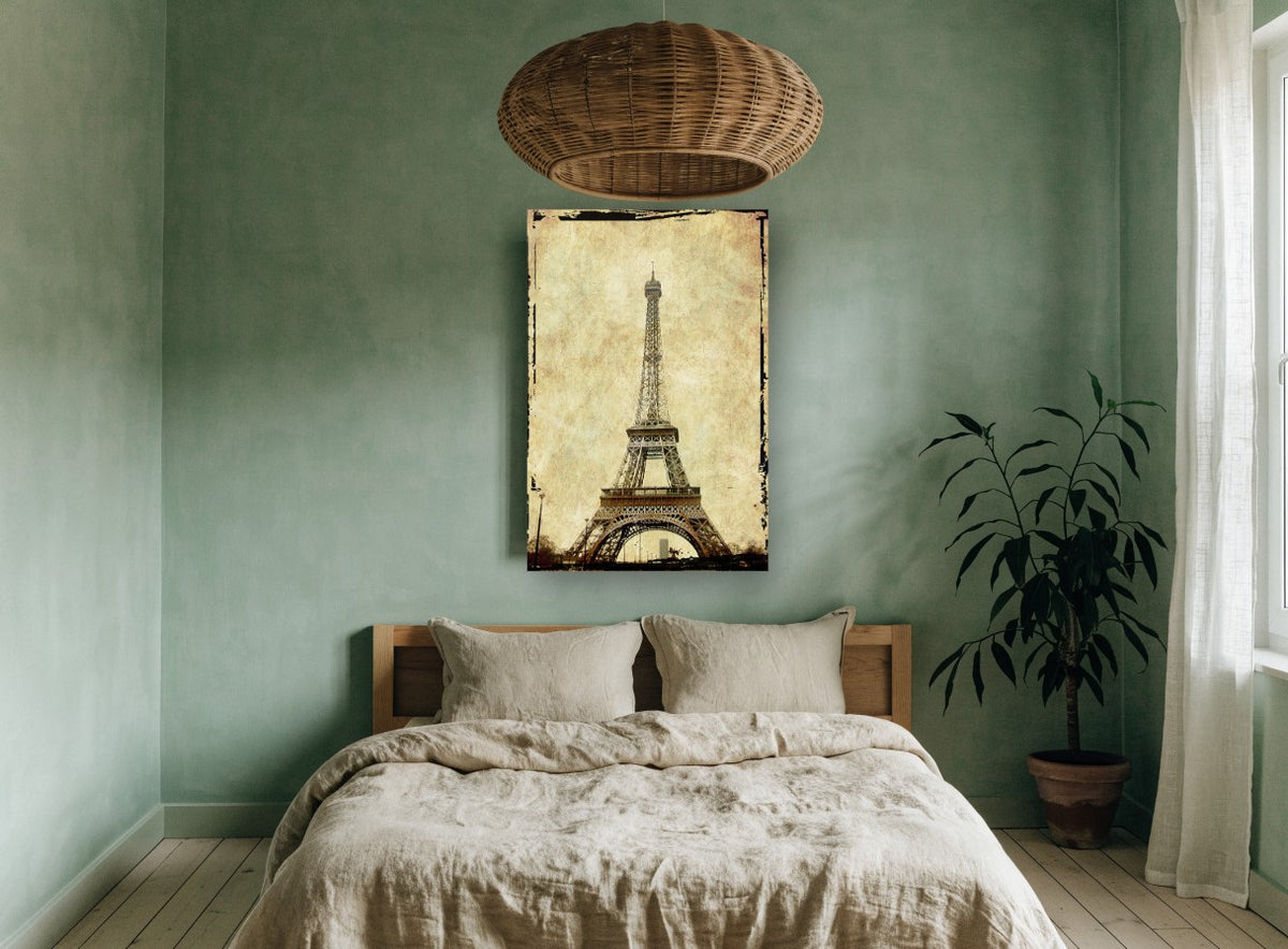 Cracked Parchment Eiffel city canvas print on the wall of a bedroom
