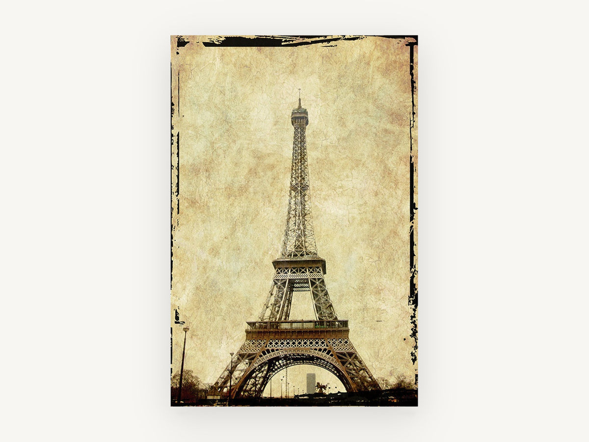 Cracked Parchment Eiffel, vintage eiffel tower paris, city canvas wall art print, front view