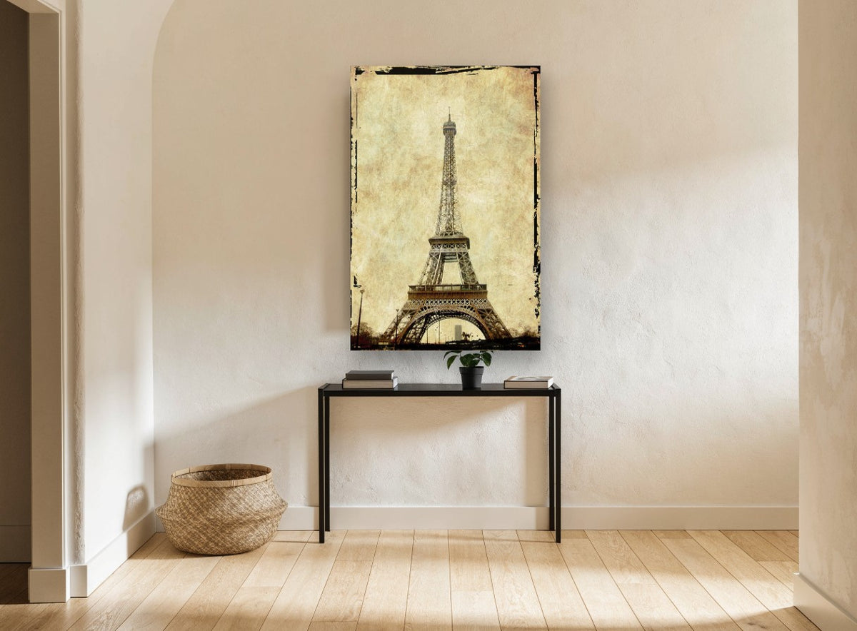 Cracked Parchment Eiffel city canvas print on the wall of a hallway