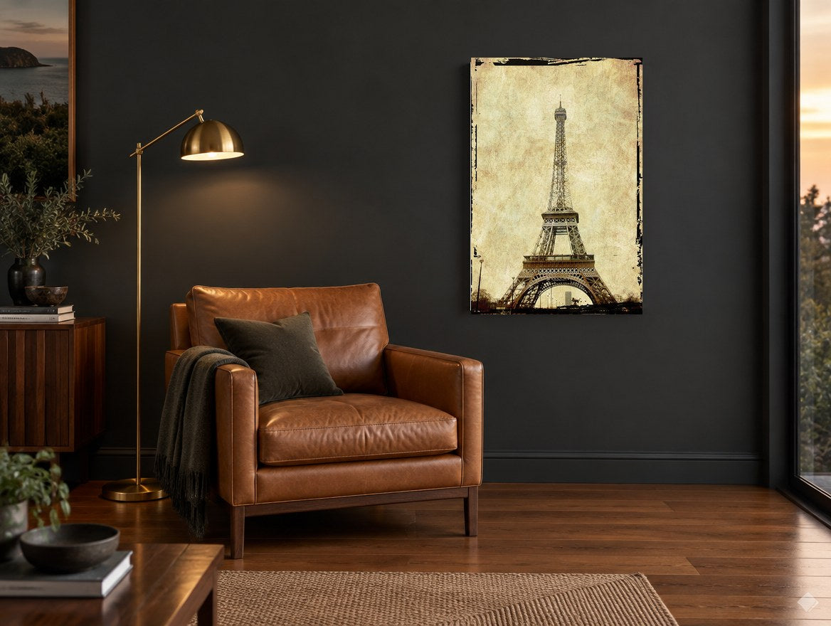 Cracked Parchment Eiffel city canvas print on the wall of a charcoal living room