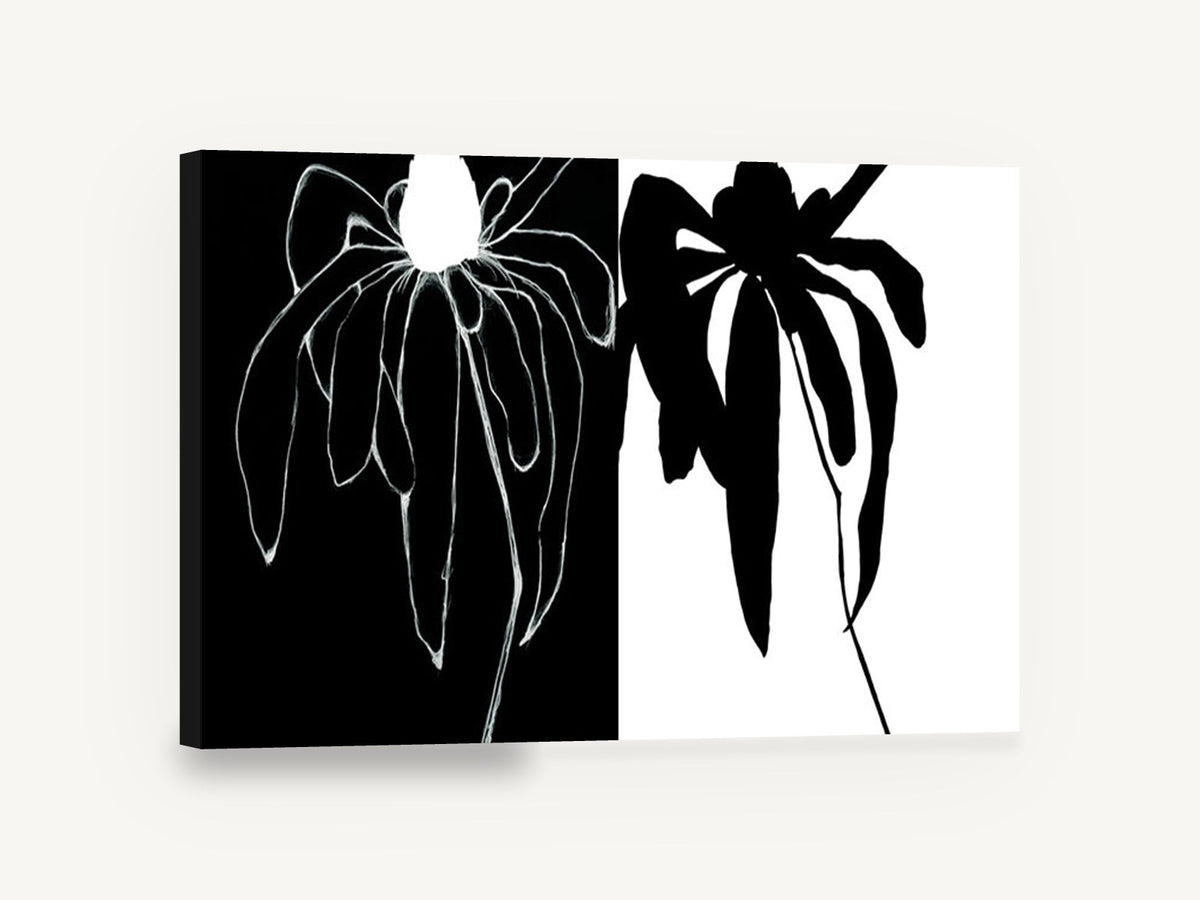 Flower Positive Negative, black and white coneflower silhouette diptych, floral canvas wall art print ready to hang