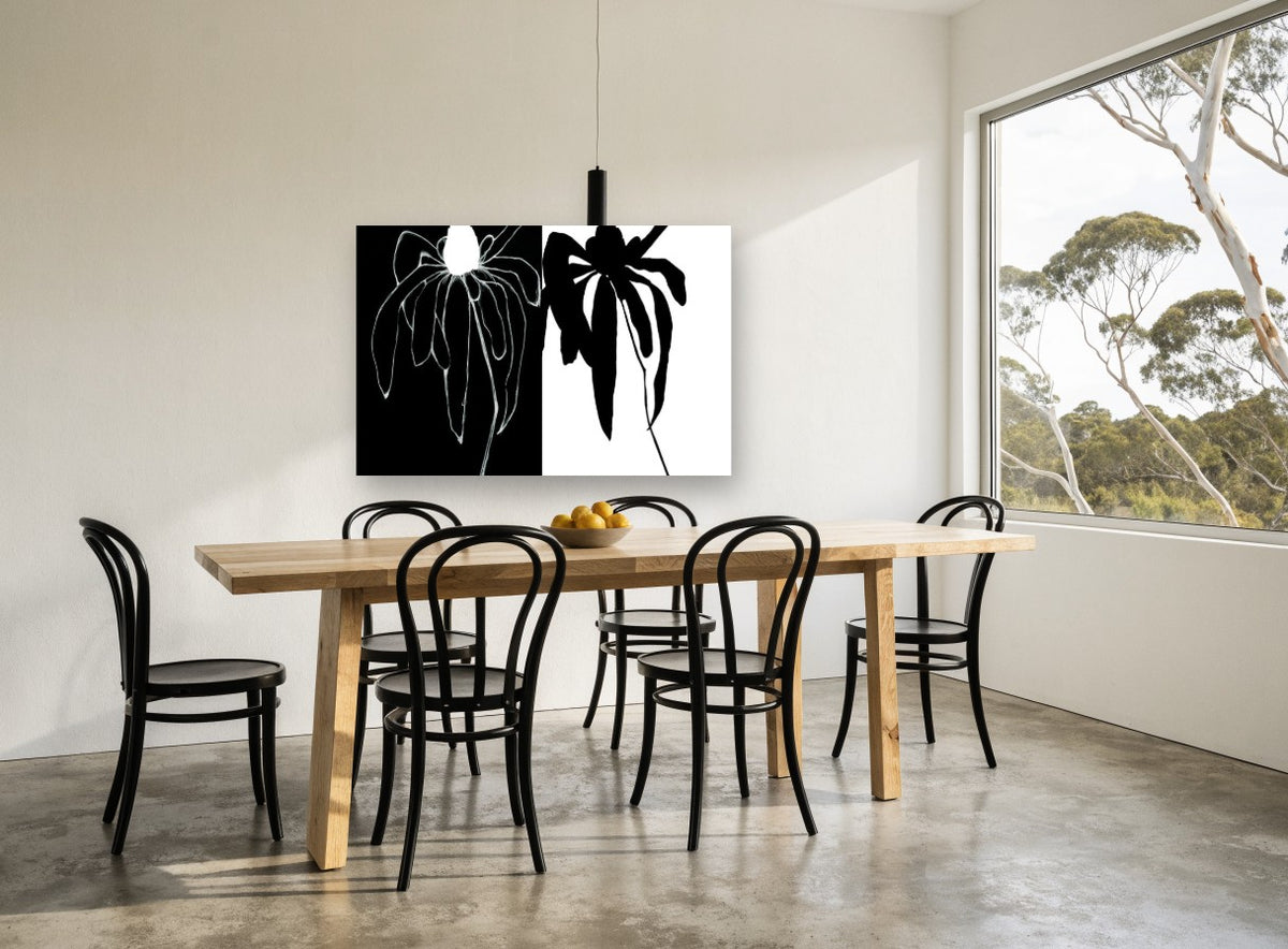 Flower Positive Negative floral canvas print on the wall of a dining room