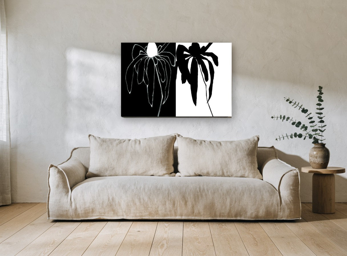 Flower Positive Negative floral canvas print on the wall of a living room