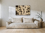 Oak Branch Silhouette floral canvas print on the wall of a living room
