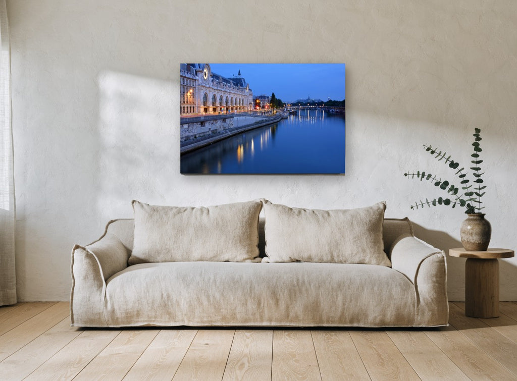 Seine Blue Hour city canvas print on the wall of a living room