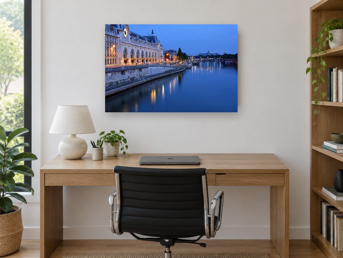 Seine Blue Hour city canvas print on the wall of a study