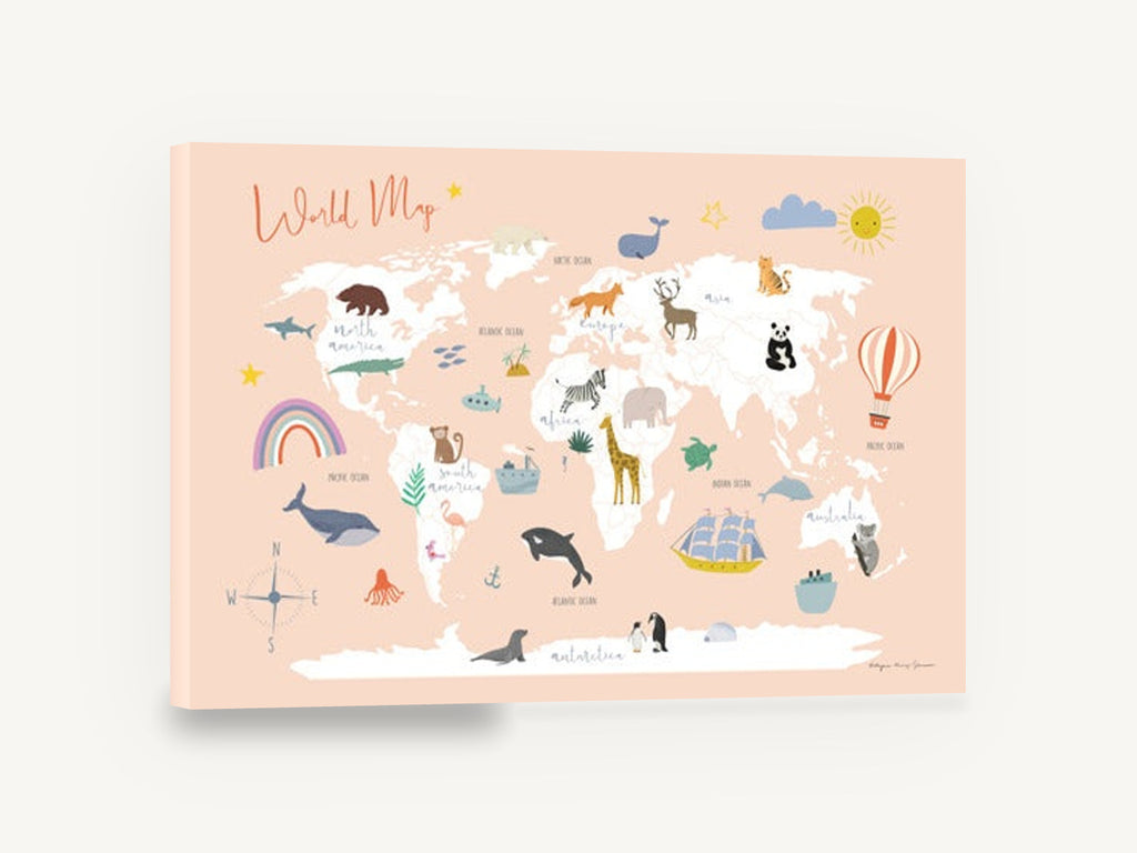 Peach Animal Explorer Map, peach animal world map illustration, kids canvas wall art print ready to hang