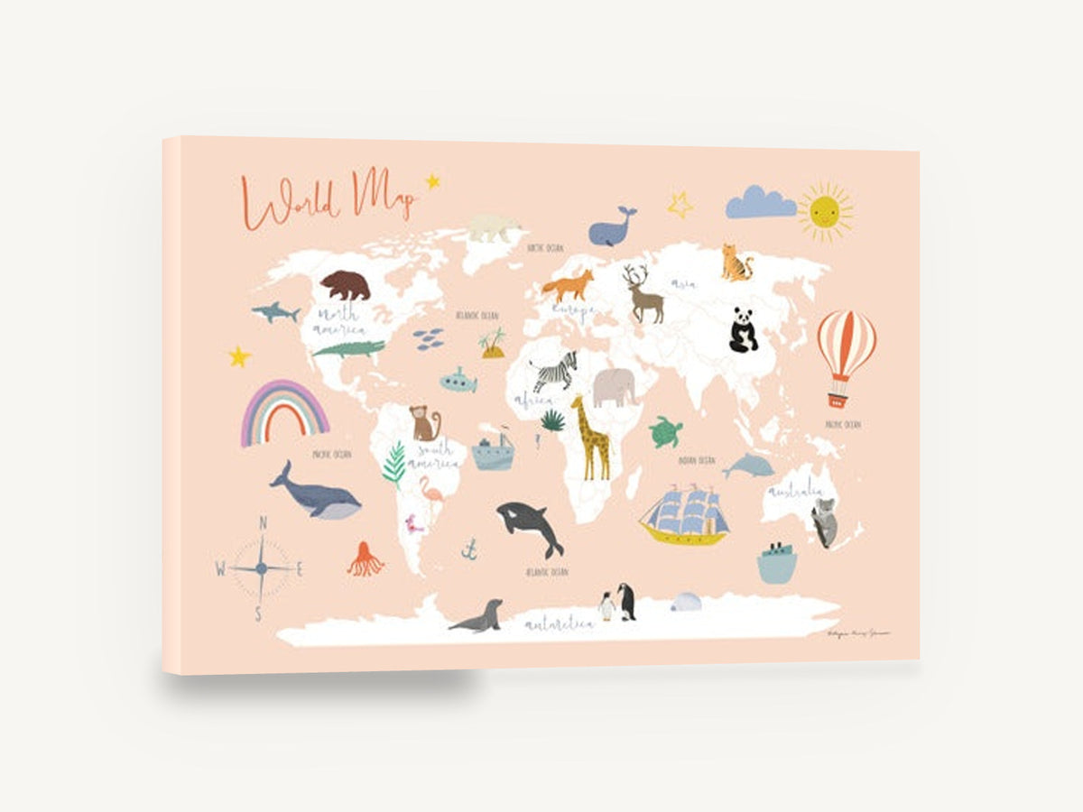 Peach Animal Explorer Map, peach animal world map illustration, kids canvas wall art print ready to hang