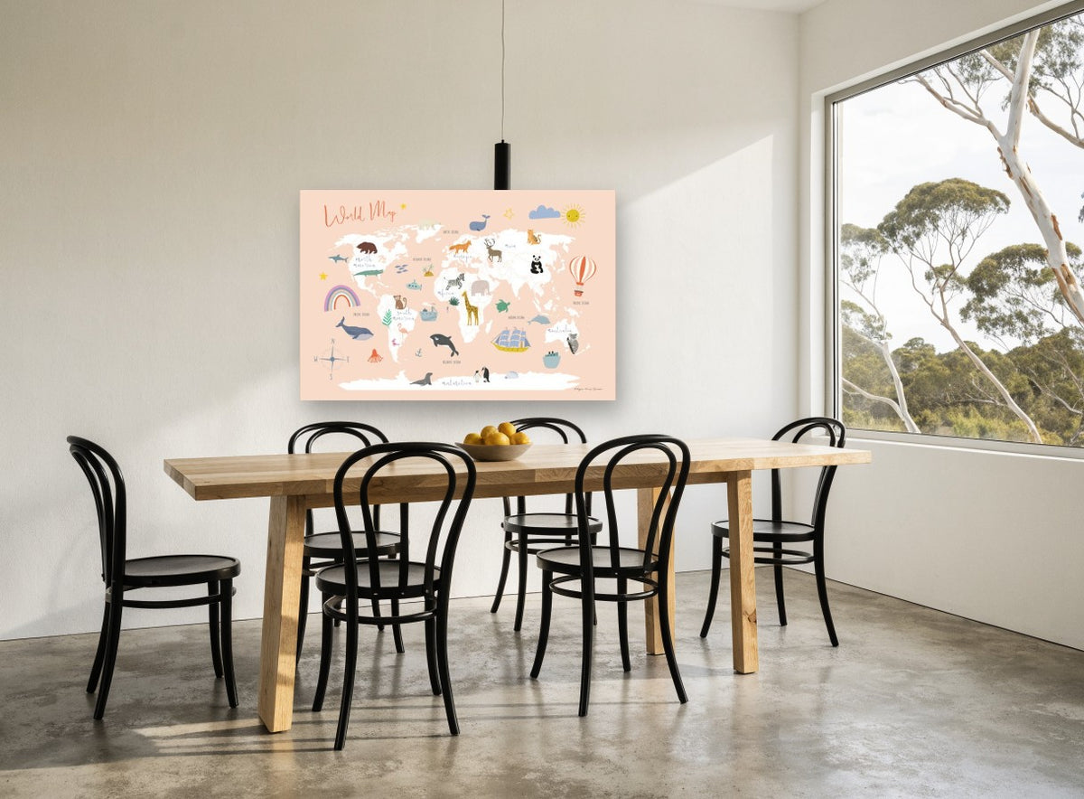 Peach Animal Explorer Map kids canvas print on the wall of a dining room