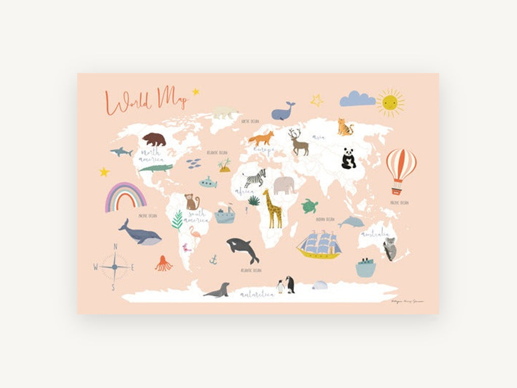Peach Animal Explorer Map, peach animal world map illustration, kids canvas wall art print, front view