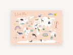 Peach Animal Explorer Map, peach animal world map illustration, kids canvas wall art print, front view