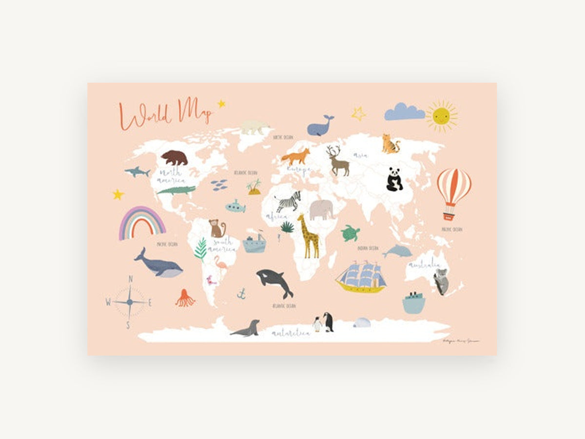 Peach Animal Explorer Map, peach animal world map illustration, kids canvas wall art print, front view