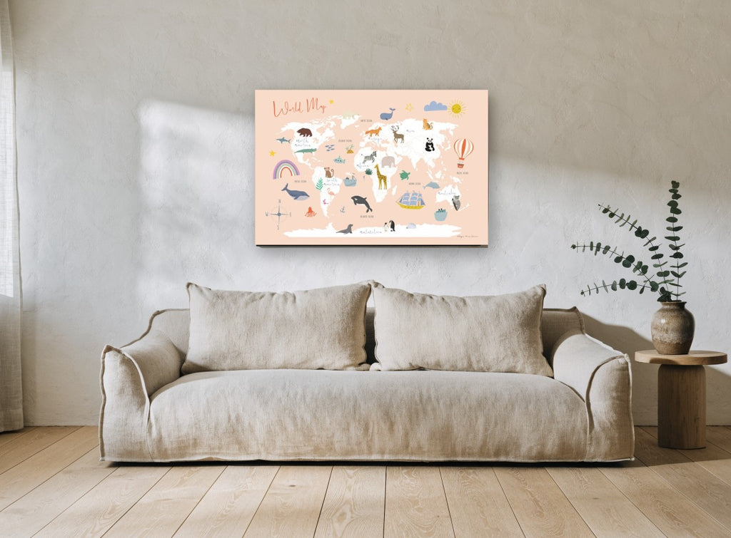 Peach Animal Explorer Map kids canvas print on the wall of a living room
