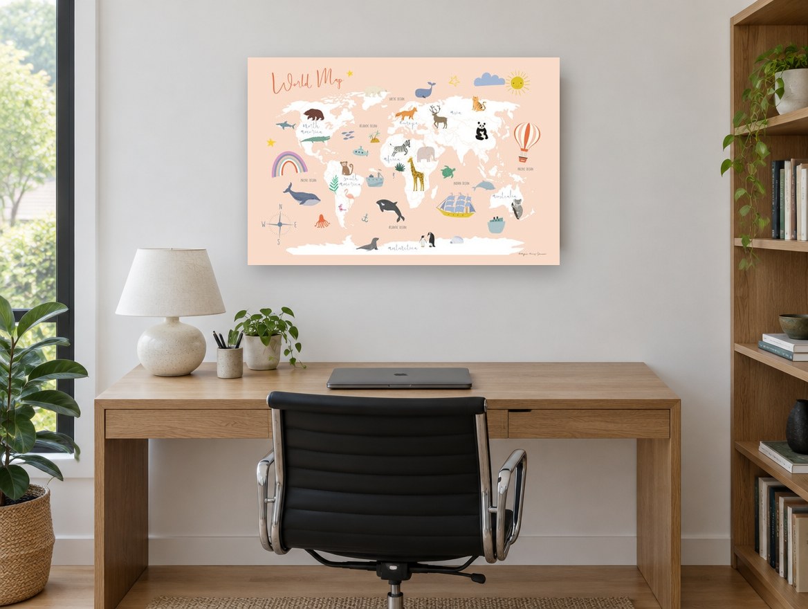 Peach Animal Explorer Map kids canvas print on the wall of a study