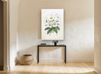 White Rhododendron Cluster vintage canvas print on the wall of a hallway