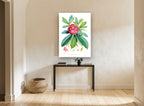 Crimson Rhododendron Study vintage canvas print on the wall of a hallway