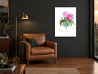 Pink Rhododendron Study vintage canvas print on the wall of a charcoal living room