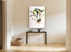 White Orchid Study vintage canvas print on the wall of a hallway