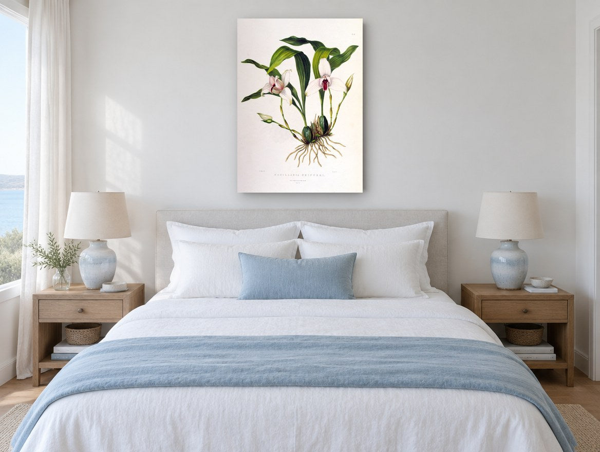 White Orchid Study vintage canvas print on the wall of a coastal bedroom