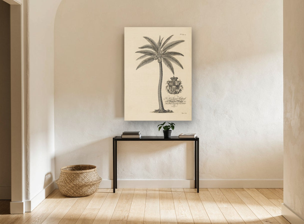 Royal Coconut Palm vintage canvas print on the wall of a hallway