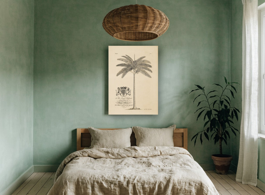 Royal Palm Dedication vintage canvas print on the wall of a bedroom