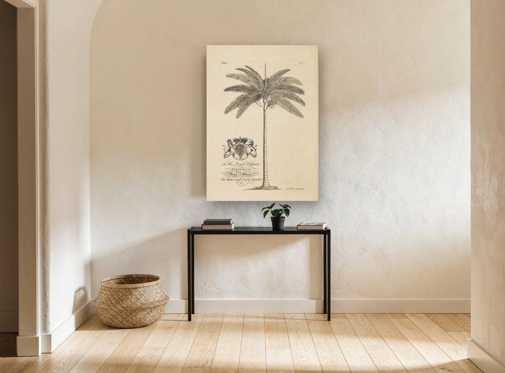 Royal Palm Dedication vintage canvas print on the wall of a hallway