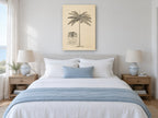 Royal Palm Dedication vintage canvas print on the wall of a coastal bedroom