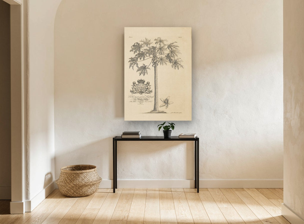 Papaya Tree Dedication Plate vintage canvas print on the wall of a hallway