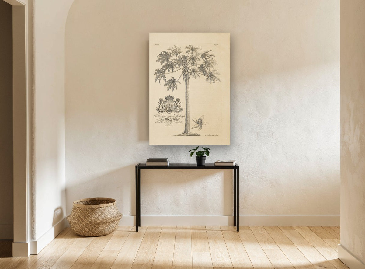 Papaya Tree Dedication Plate vintage canvas print on the wall of a hallway
