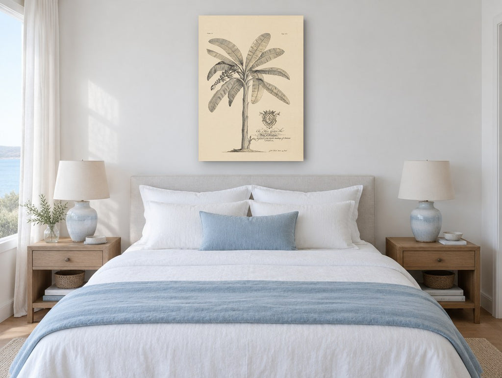 Banana Tree Dedication Plate vintage canvas print on the wall of a coastal bedroom