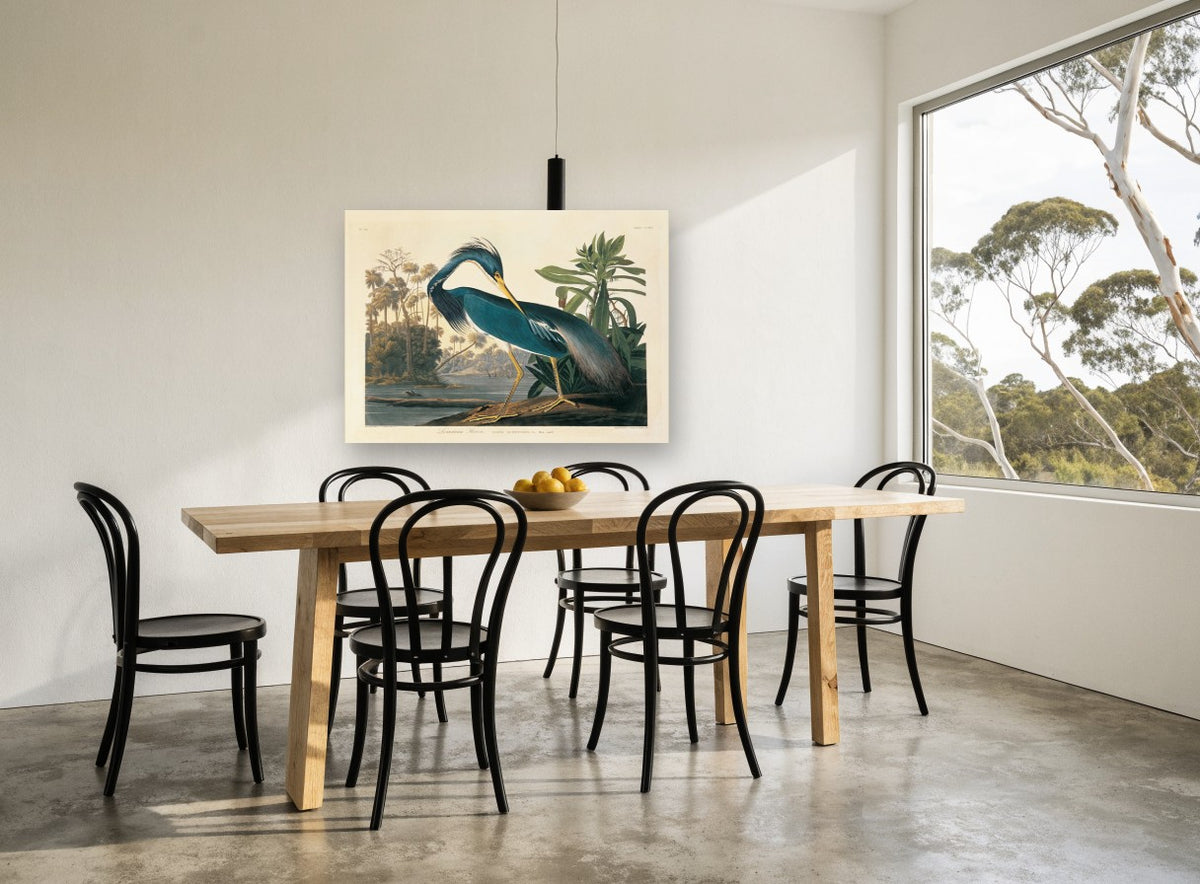 Blue Heron Preening landscape canvas print on the wall of a dining room