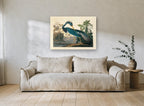 Blue Heron Preening landscape canvas print on the wall of a living room