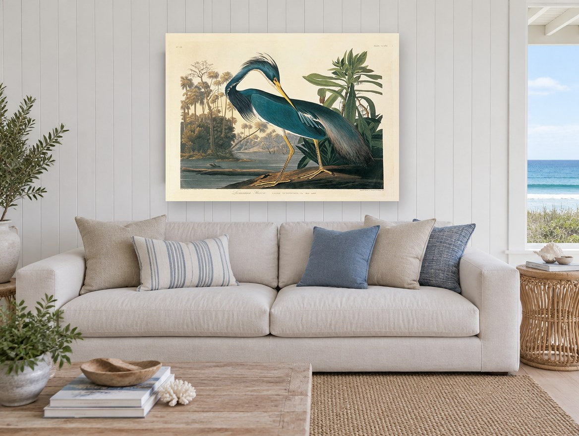 Blue Heron Preening landscape canvas print on the wall of a beach house living room