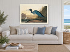 Blue Heron at Dusk landscape canvas print on the wall of a beach house living room