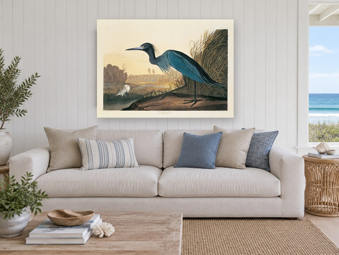 Blue Heron at Dusk landscape canvas print on the wall of a beach house living room