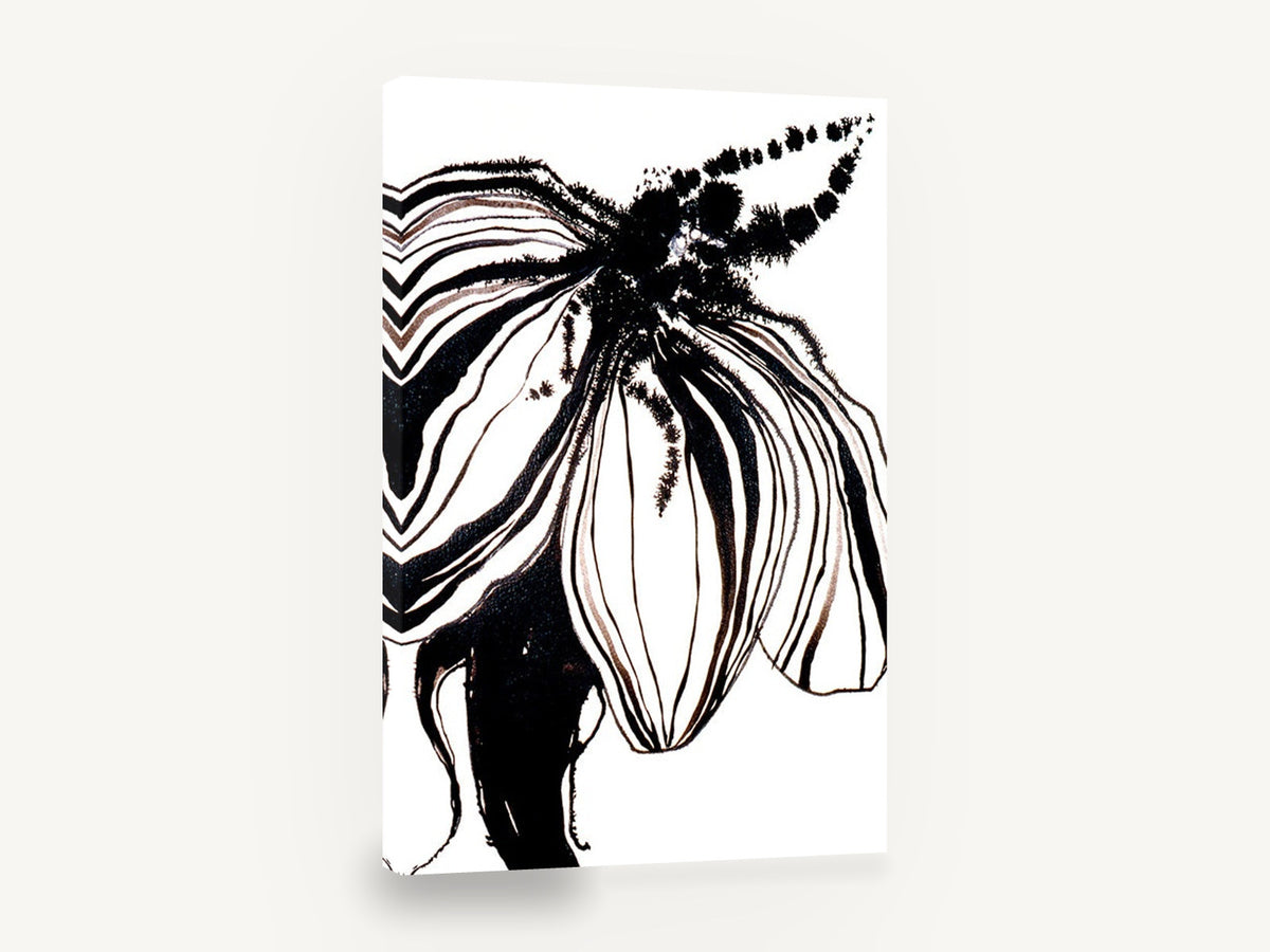 Inked Bloom in Black, black ink flower botanical illustration, floral canvas wall art print ready to hang