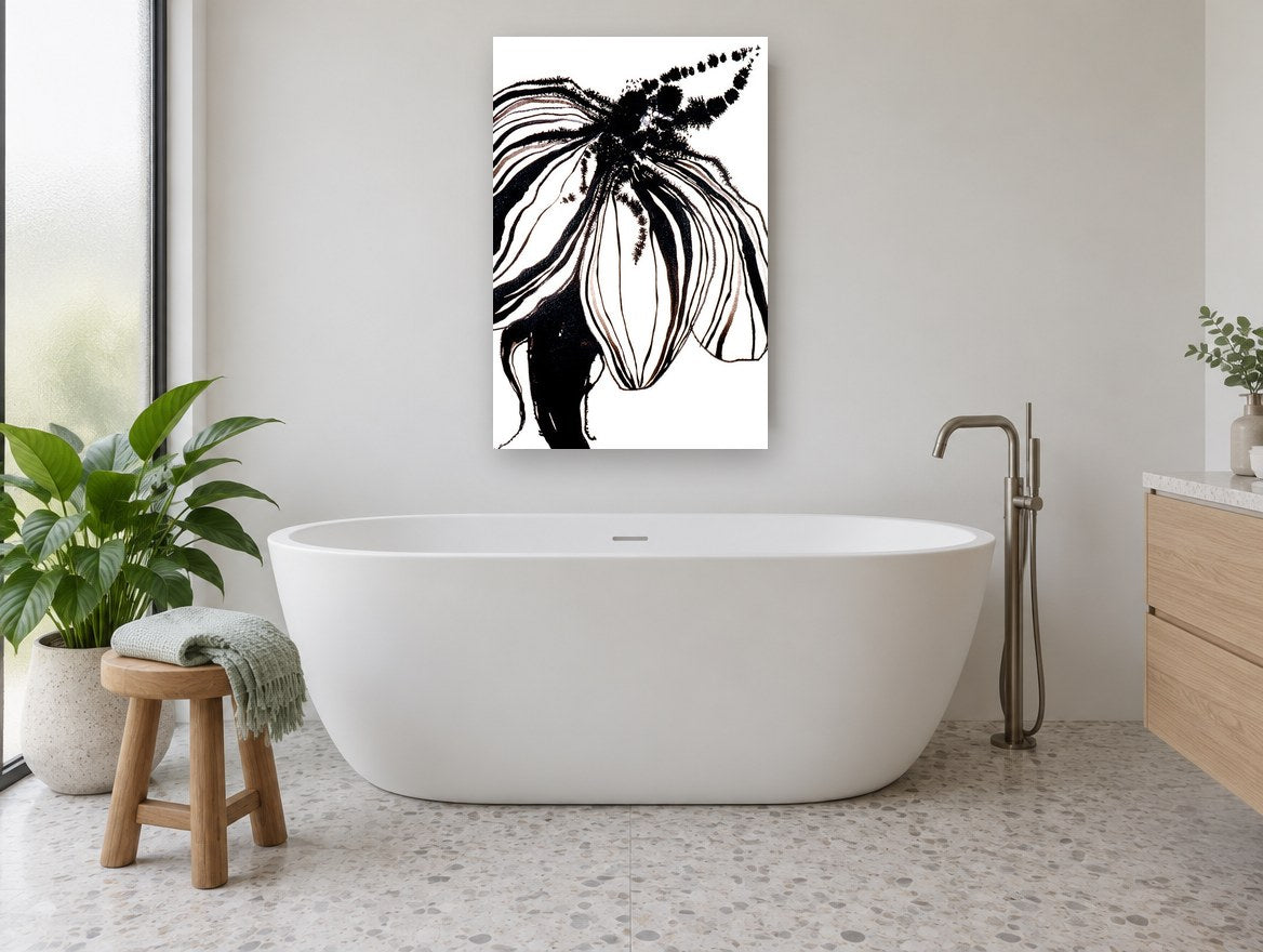 Inked Bloom in Black floral canvas print on the wall of a bathroom