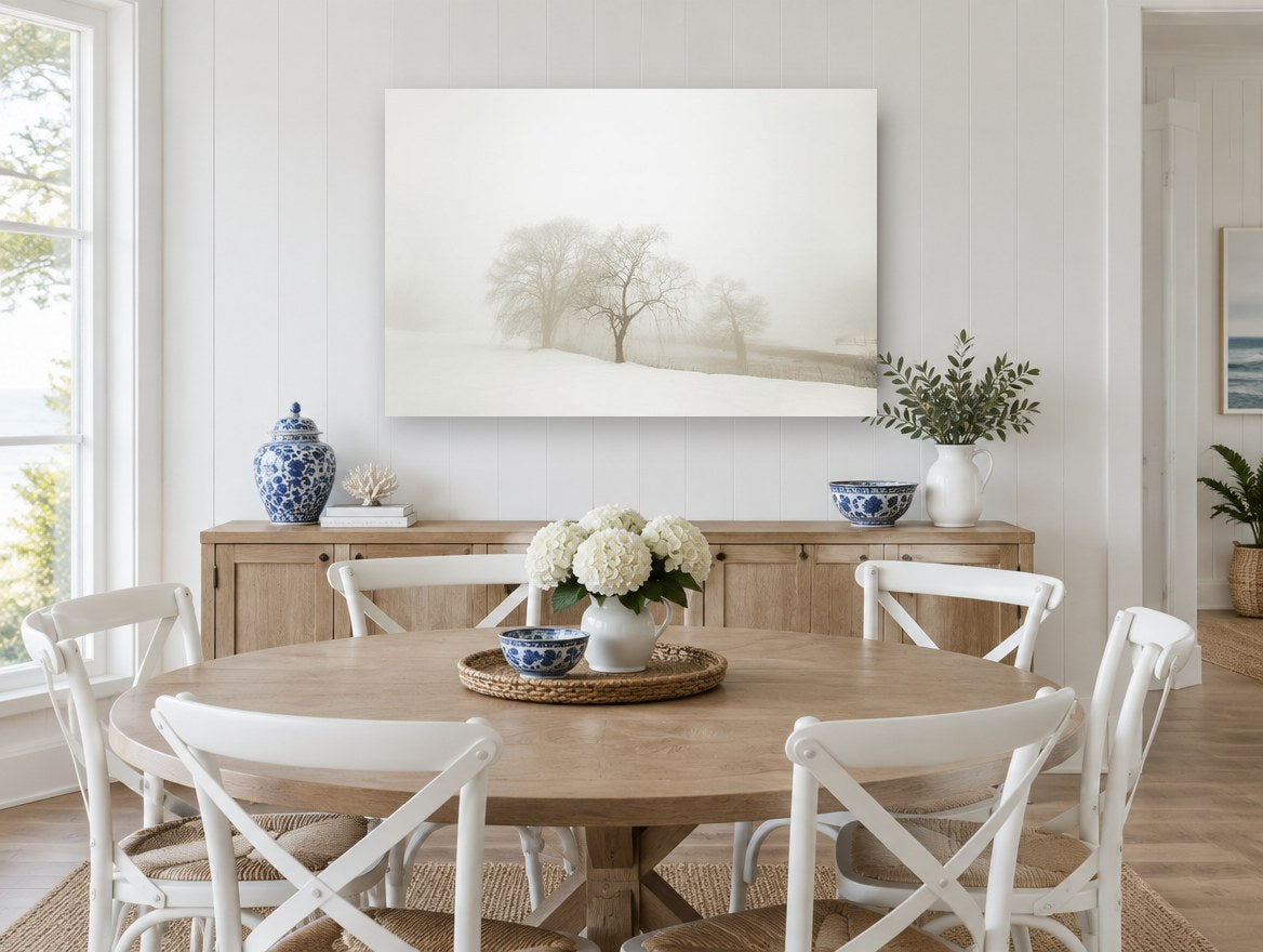 Willows in White Fog landscape canvas print on the wall of a Hamptons dining room