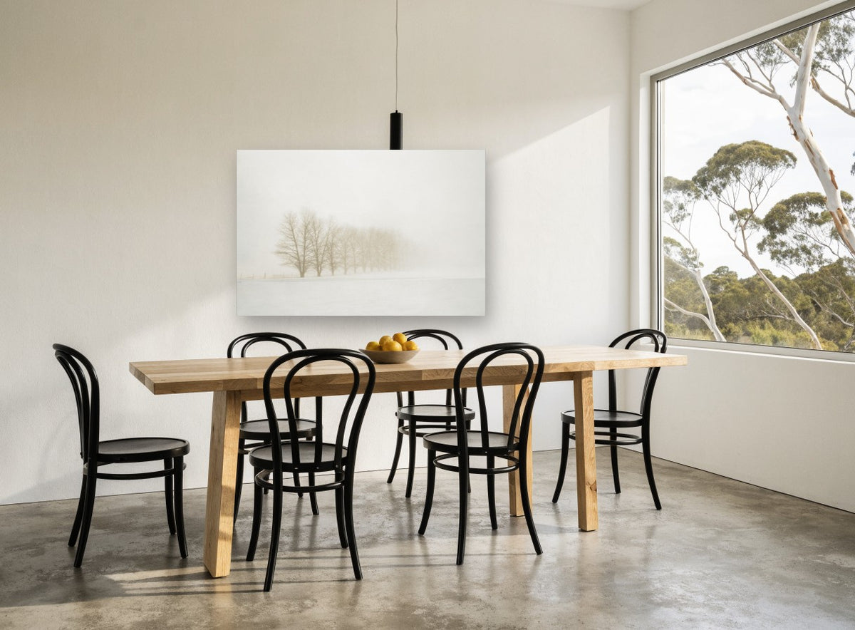 Winter Poplar Row landscape canvas print on the wall of a dining room