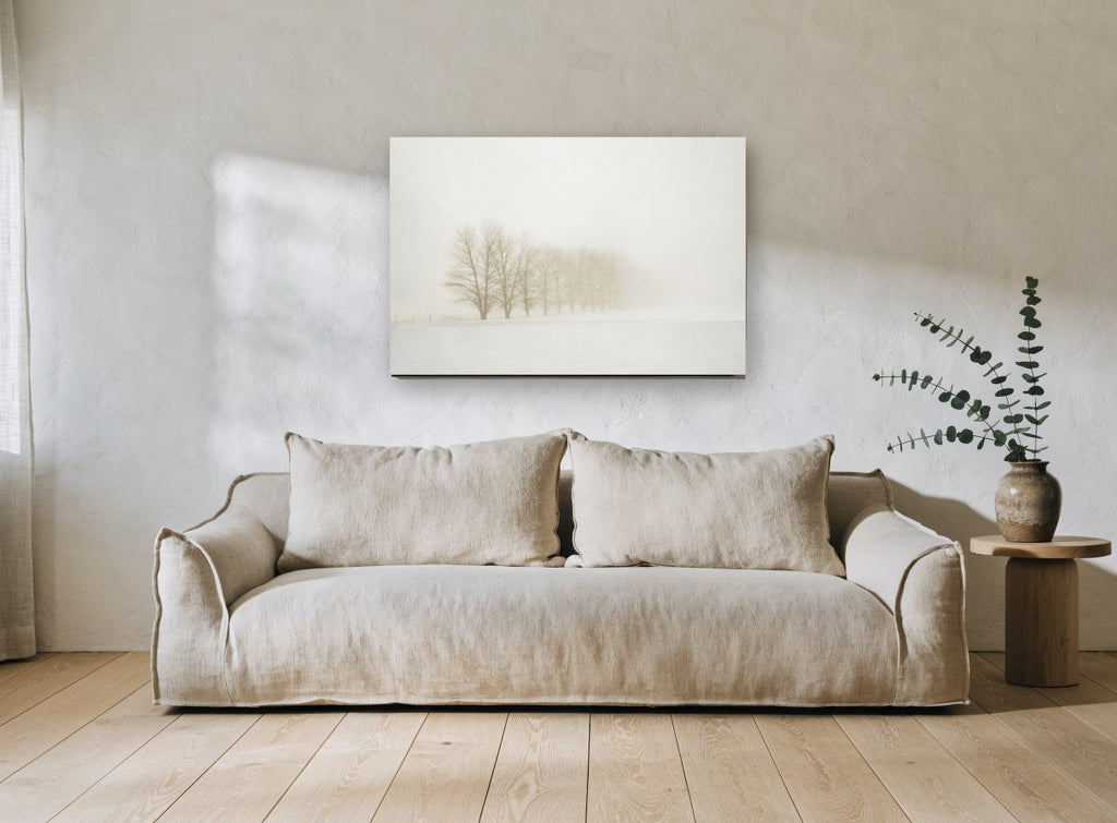 Winter Poplar Row landscape canvas print on the wall of a living room
