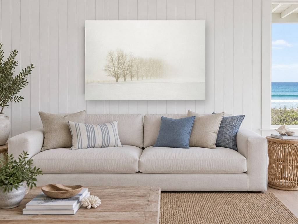 Winter Poplar Row landscape canvas print on the wall of a beach house living room