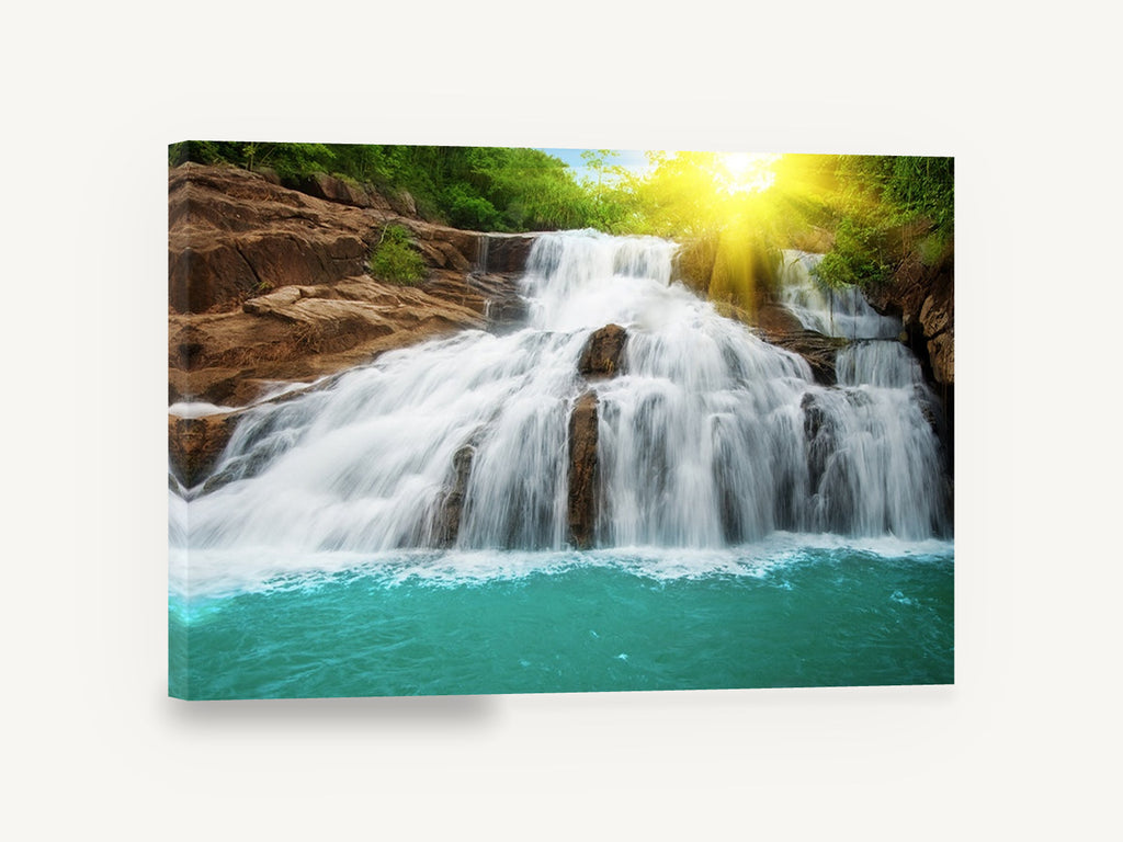 Sunlit Turquoise Cascade, sunlit waterfall turquoise pool photograph, coastal canvas wall art print ready to hang