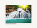 Sunlit Turquoise Cascade, sunlit waterfall turquoise pool photograph, coastal canvas wall art print ready to hang